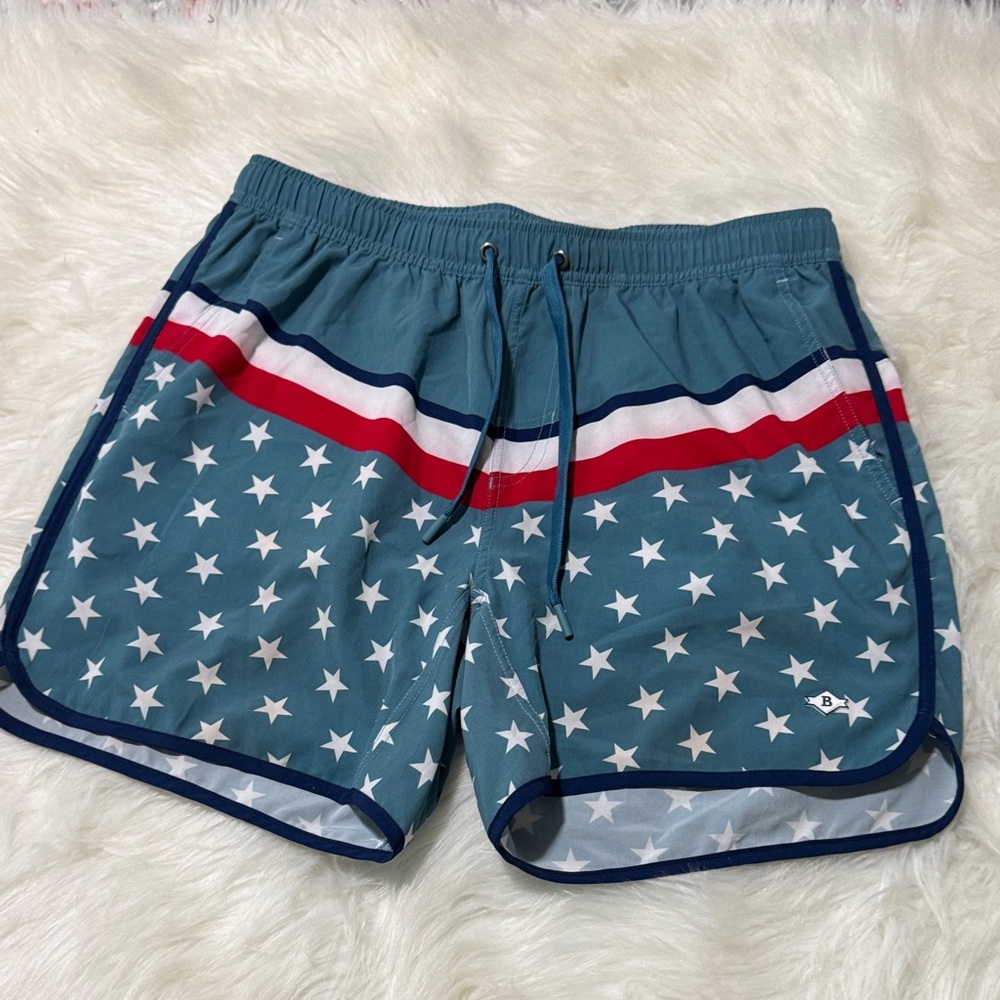 BURLEBO Teal Swim Trunks with White Star Print and Red Stripe